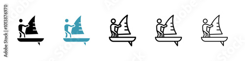 Windsurf vector icon set in black and blue colors.