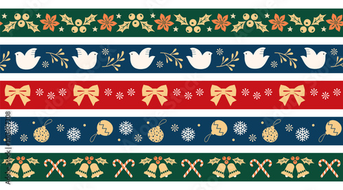 Christmas vector set of narrow seamless border patterns with holly berry, dove, bells, candy cane, bows and snowflakes.