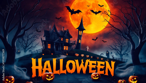 Spooky Halloween Haunted House with Full Moon, Flying Bats, and Glowing Jack-o'-Lanterns