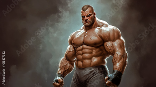 A huge muscled wrestler on steroids, ready-for-combat stance.