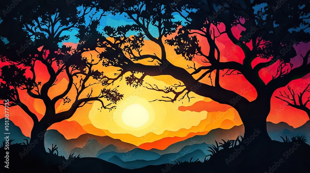 Silhouetted tree branches against a sunset sky Trees silhouetted against a sunset sky Silhouetted tree branches against a sunset sky Trees silhouetted against a sunset sky