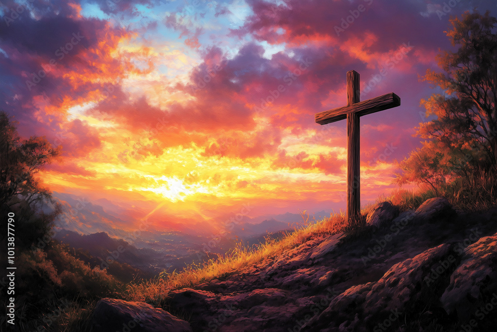 Cross at Sunset with Silhouette Against Dramatic Sky, Christian Faith Symbol in Peaceful Evening Scene, Glowing Horizon Cross at Sunset with Silhouette Against Dramatic Sky, Christian Faith Symbol in Peaceful Evening Scene, Glowing Horizon