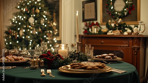 A stylish Christmas dining room interior with a green tablecloth, wooden console, Christmas tree, wreath, cookies, and a candle in a candlestick, perfectly blending festive decor with warmth.