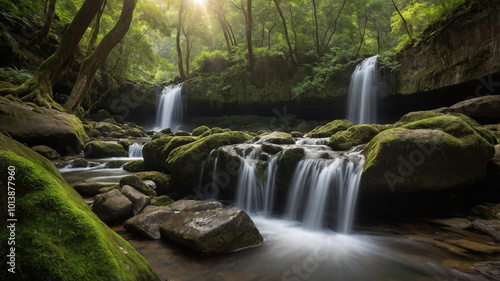 Enchanting dual waterfall cascading serenely into a rocky stream in a lush, verdant forest landscape.