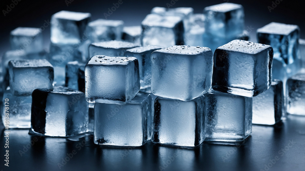 Close-up shot of ice cubes with reflections, featuring fine details and clear surface, frozen effect. Close-up shot of ice cubes with reflections, featuring fine details and clear surface, frozen effect.