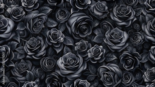 Fototapeta Naklejka Na Ścianę i Meble -  black floral wallpaper pattern on dark wall with black roses in macro shot
