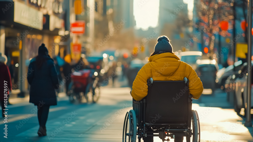 A man in a wheelchair is sitting on a sidewalk in a busy city street. A man in a wheelchair is sitting on a sidewalk in a busy city street.