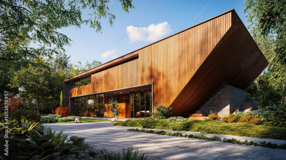 An exterior shot of a modern residence with an asymmetric wooden fa? section ade, blending seamlessly with landscaped surroundings An exterior shot of a modern residence with an asymmetric wooden fa? section ade, blending seamlessly with landscaped surroundings