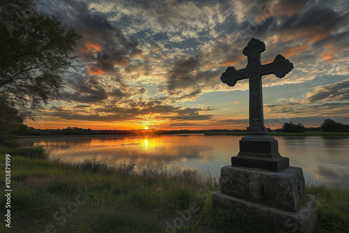 Cross at Sunset with Silhouette Against Dramatic Sky, Christian Faith Symbol in Peaceful Evening Scene, Glowing Horizon