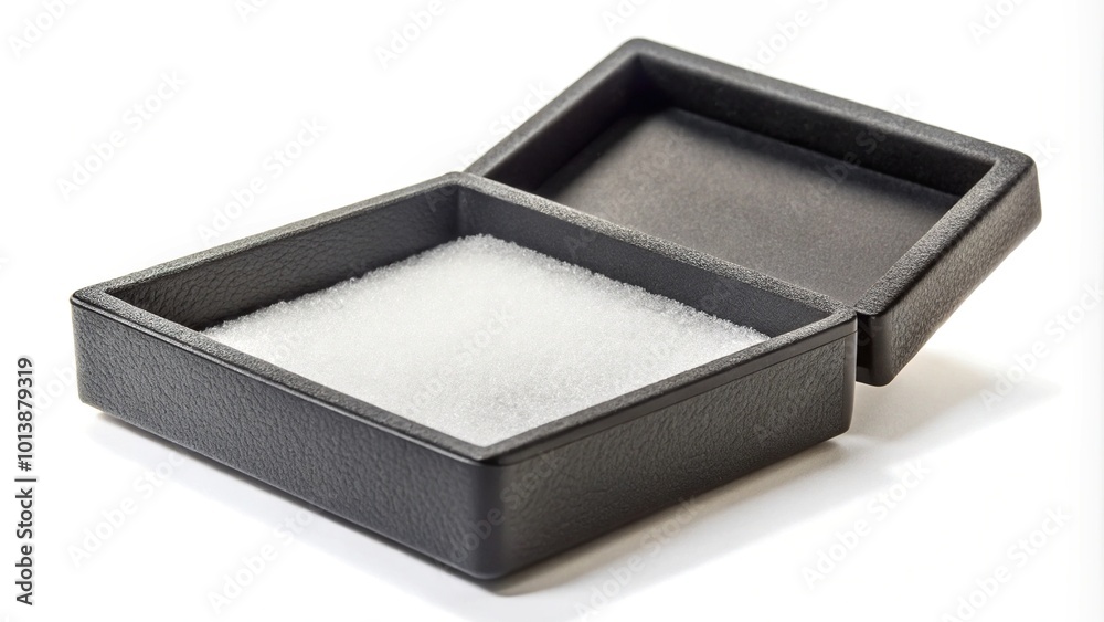 black rectangular box with foam inside on white background black rectangular box with foam inside on white background