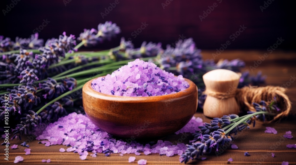 Lavender sea salt and lavender flowers. Spa products. Neural network ai generated art Lavender sea salt and lavender flowers. Spa products. Neural network ai generated art