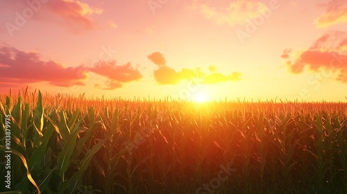 A large cornfield at sunset with vibrant orange and pink skies, and rows of ripe corn ready for harvest.