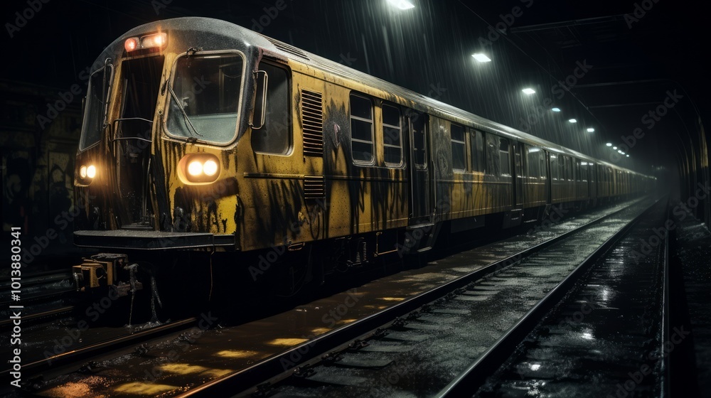 Commuter train at metro railway station at night. Neural network ai generated art Commuter train at metro railway station at night. Neural network ai generated art