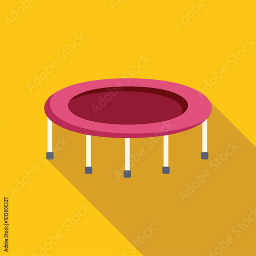 Round pink trampoline standing on yellow background, side view, flat design illustration with long shadow