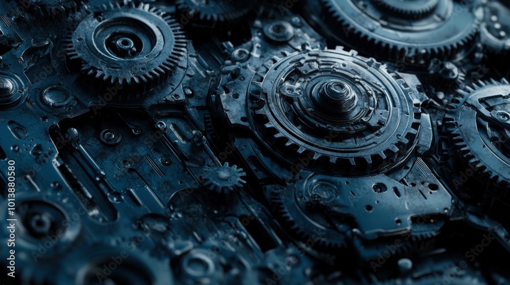 Close-up of intricate metal gears and cogs, arranged in a complex pattern. Close-up of intricate metal gears and cogs, arranged in a complex pattern.