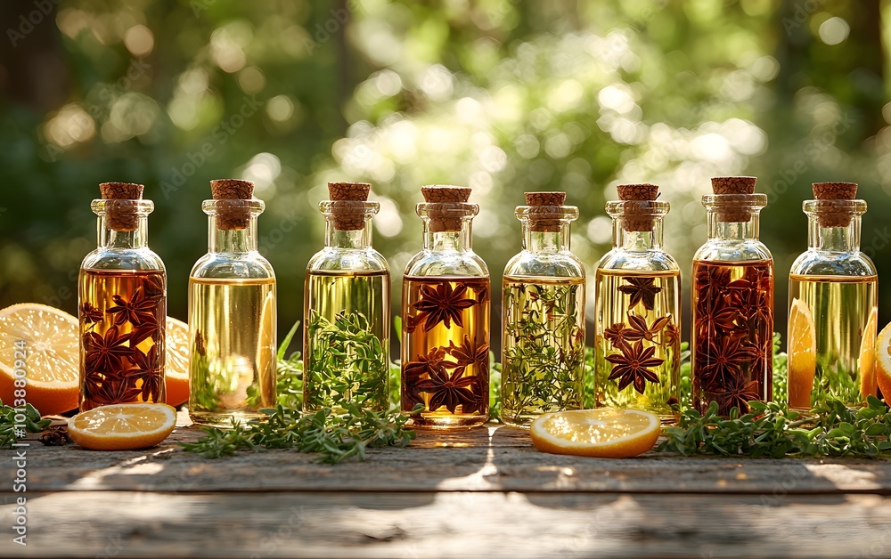 Aromatic infused oils with herbs and spices on rustic wooden table in sunlit garden