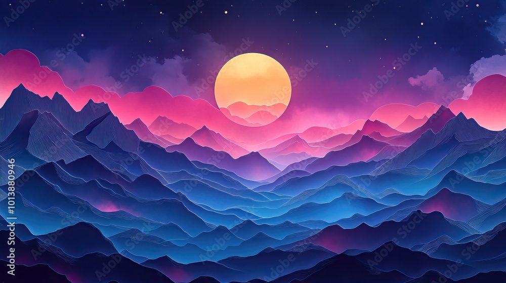 Fototapeta premium Nighttime mountain valley with a bokeh background featuring the moon Nighttime mountain valley with bokeh background and moonlight