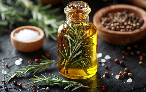 Aromatic olive oil with rosemary and peppercorns on slate background: gourmet culinary trends photo