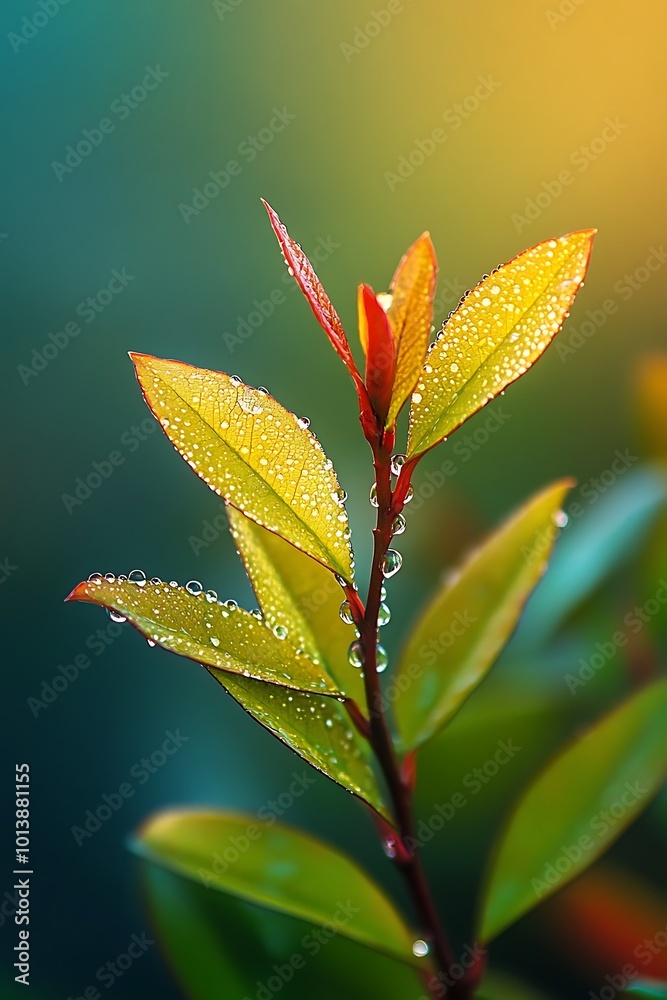 Fresh Green Leaves with Dew Drops in the Morning Sun Fresh Green Leaves with Dew Drops in the Morning Sun