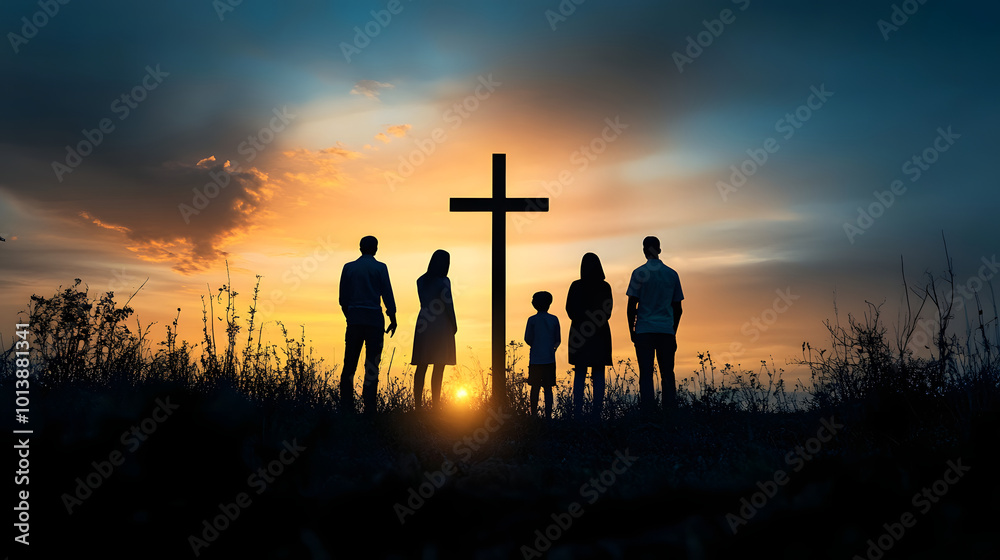 Φωτογραφία Silhouette, family and Christian cross for praying, religion and funeral social