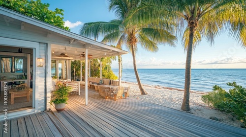 The exterior of a beach house with a spacious deck, surrounded by palm trees and a clear view of the ocean, exuding tropical relaxation.