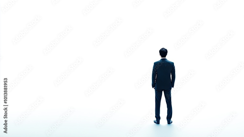 A businessman in a suit stands facing away from the camera, looking into the distance against a white background. A businessman in a suit stands facing away from the camera, looking into the distance against a white background.