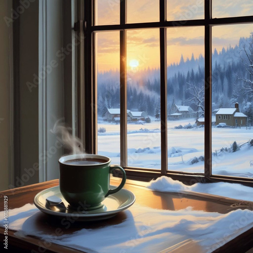 One cup of hot tea with smoke goes from tea, on table with snowy winter view cross window in room. photo