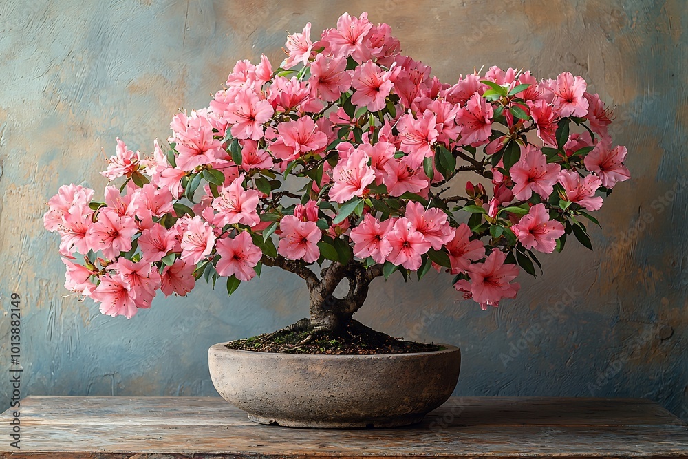Flowering azalea bonsai tree in full bloom its vibrant pink flowers contrasting against a rustic stone pot Flowering azalea bonsai tree in full bloom its vibrant pink flowers contrasting against a rustic stone pot