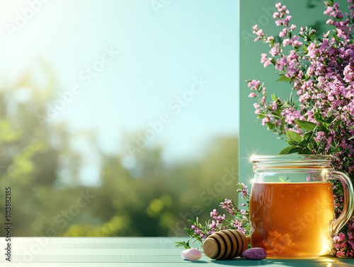 Glass jar of herbal tea with flowers