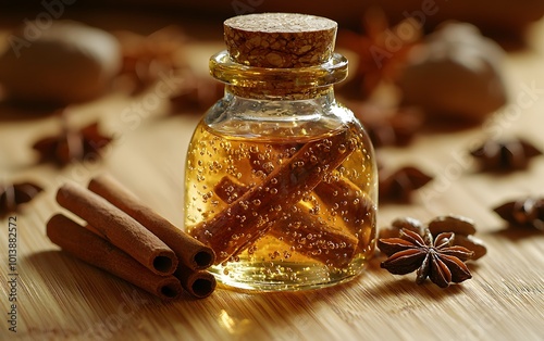 Aromatic cinnamon oil with star anise on wooden table for cozy home ambiance photo