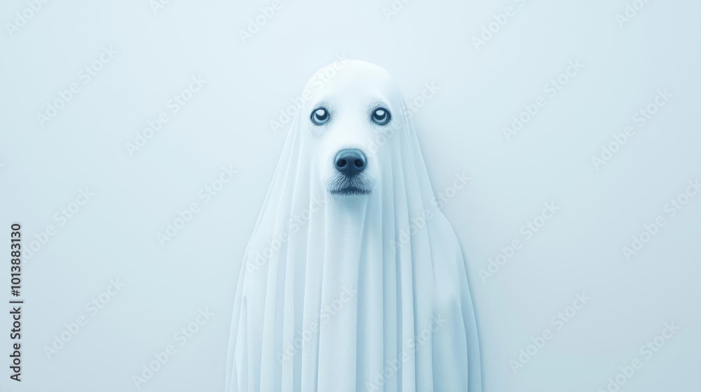 White dog dressed as a ghost with sheet, posing against a plain background, creating a cute and whimsical Halloween-themed image. White dog dressed as a ghost with sheet, posing against a plain background, creating a cute and whimsical Halloween-themed image.