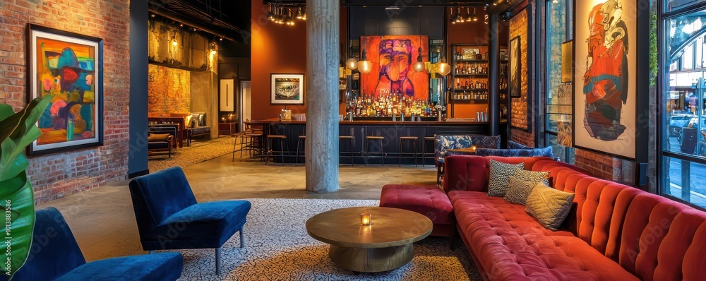 Naklejka premium A boutique hotel lobby with eclectic decor, an art gallery featuring local artists, and a chic bar serving craft cocktails