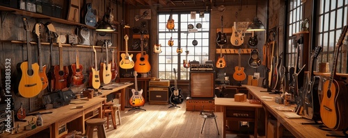 A boutique guitar shop with custom instruments, a workshop for repairs and modifications, and a small stage for live demos by musicians