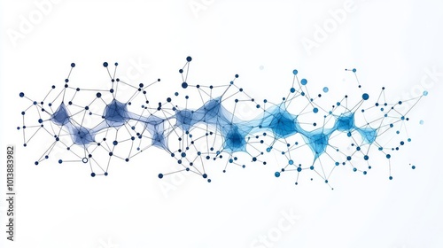 Abstract network illustration with interconnected blue nodes and lines on white background, representing data connections and digital communication.