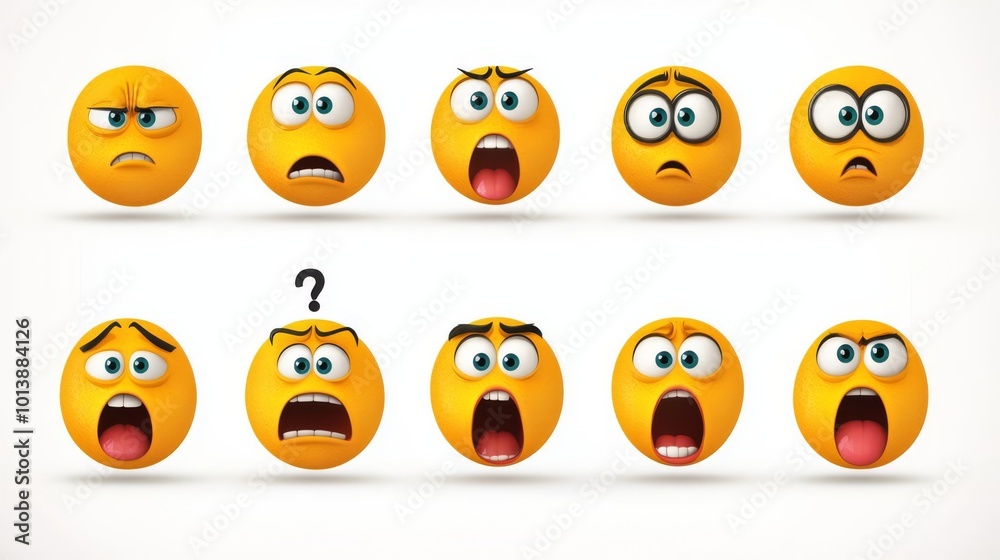 Collection of colorful emoji faces displaying a wide range of emotions including happiness, surprise, confusion, and excitement. Collection of colorful emoji faces displaying a wide range of emotions including happiness, surprise, confusion, and excitement.