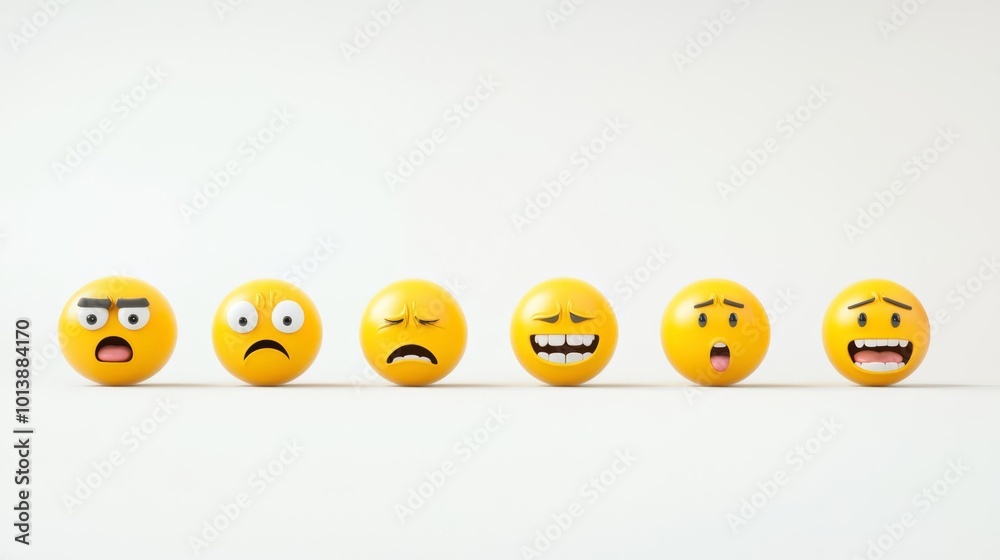 A row of six emoticons displaying various emotions on a plain white background, showcasing a range of facial expressions. A row of six emoticons displaying various emotions on a plain white background, showcasing a range of facial expressions.