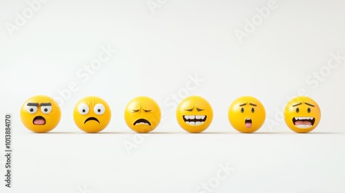 A row of six emoticons displaying various emotions on a plain white background, showcasing a range of facial expressions.