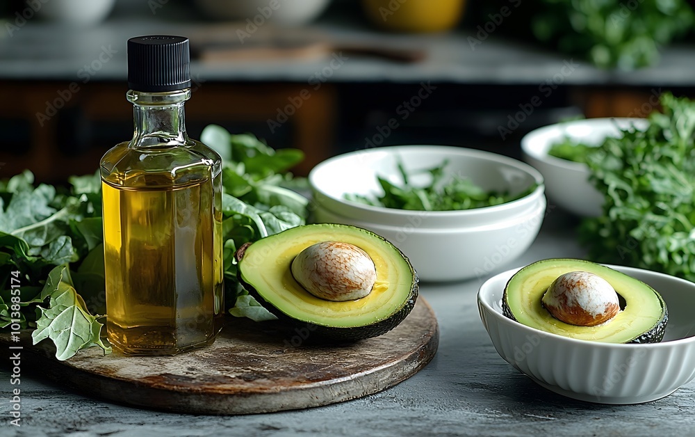 Healthy avocado and oils on rustic kitchen counter with fresh greens for cooking Healthy avocado and oils on rustic kitchen counter with fresh greens for cooking