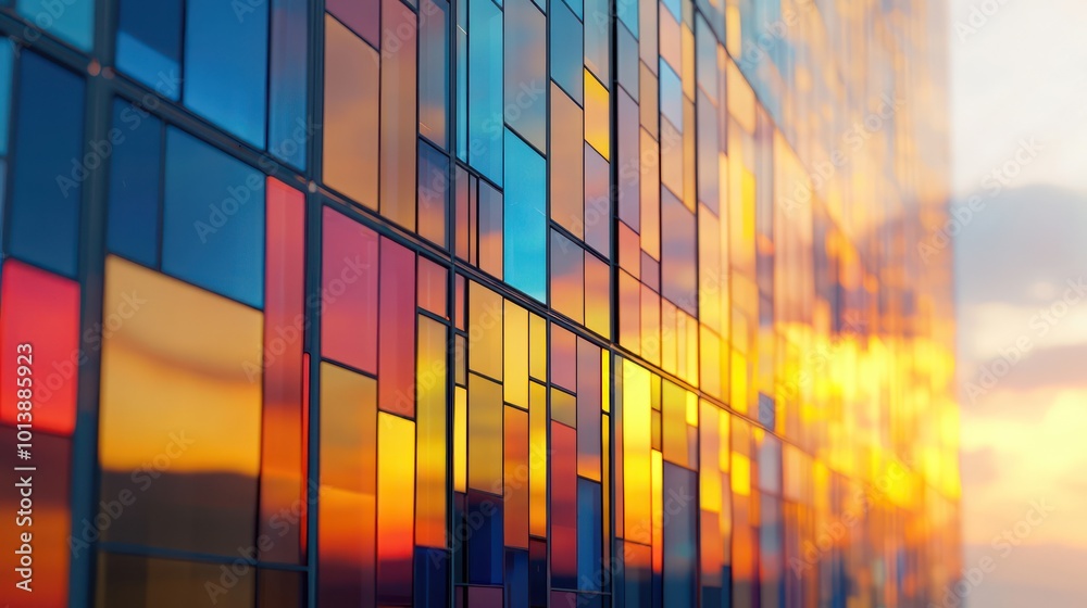 A close-up of a high-rise building's glass facade, reflecting the sunset and creating a mosaic of colors across the surface A close-up of a high-rise building's glass facade, reflecting the sunset and creating a mosaic of colors across the surface
