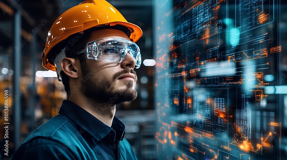 A portrait of an industrial engineer in a hard hat monitoring production flow in a factory. A portrait of an industrial engineer in a hard hat monitoring production flow in a factory.