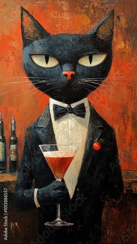 An illustration of a black cat standing with a Martini glass in an expensive suit