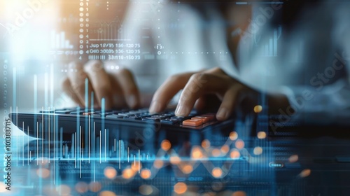 Businessperson Typing on Calculator with Futuristic Financial Graph, Data Analytics, Stock market business Digital financial chart and exchange financial growth graph, Finance Management