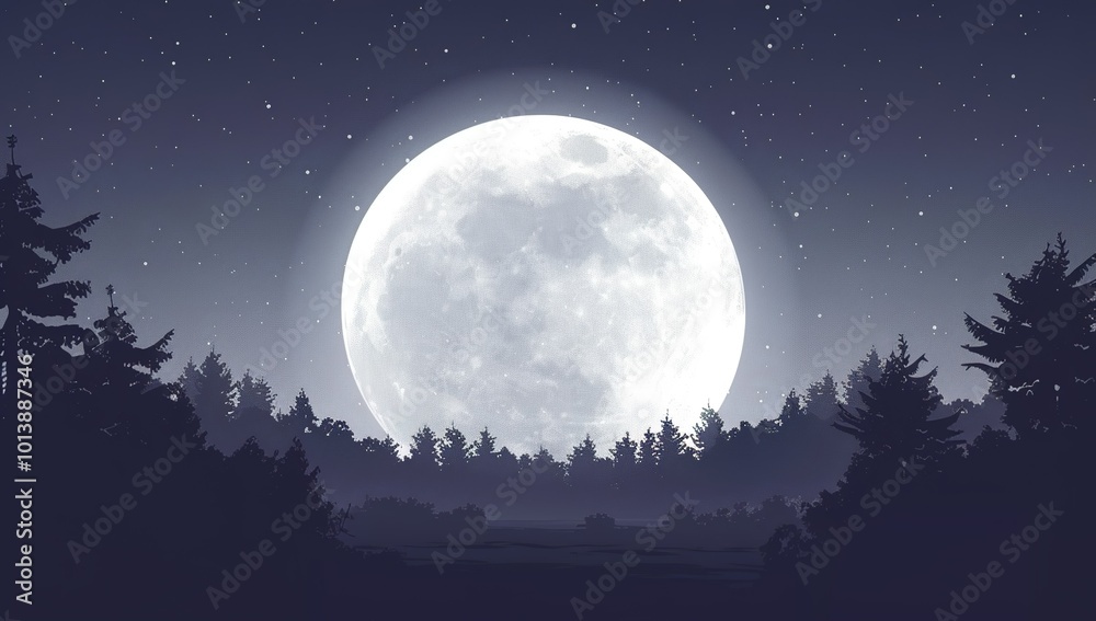 A large full moon in the sky, silhouettes of trees on the horizon, fantasy... A large full moon in the sky, silhouettes of trees on the horizon, fantasy...