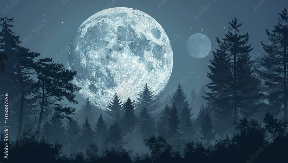 A large full moon with silhouettes of trees in the foreground, vector... A large full moon with silhouettes of trees in the foreground, vector...