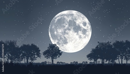 A large full moon in the sky, silhouettes of trees on the horizon, fantasy...