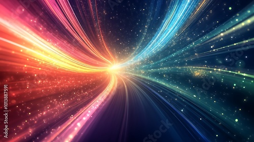 Abstract background of light streaks and sparkles in blue, yellow, and red colors.