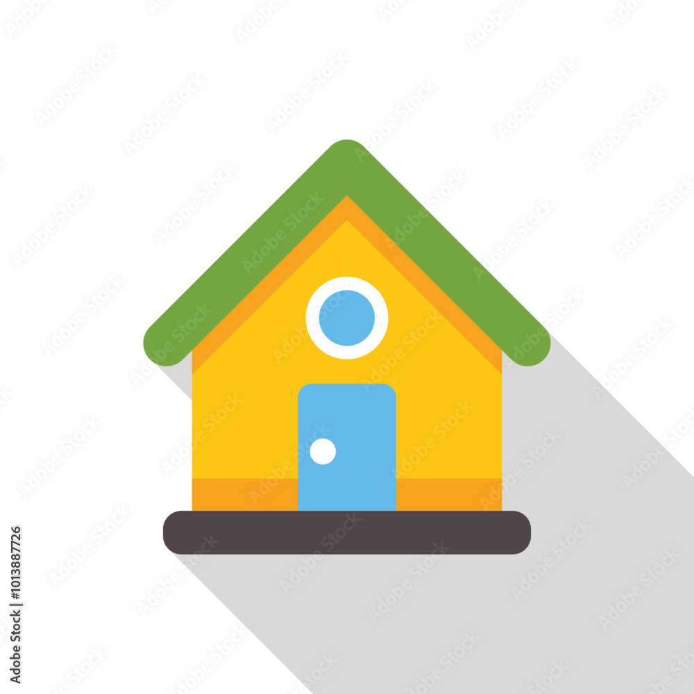 Simple yellow house icon with green roof, blue door and round window, casting long shadow on white background Simple yellow house icon with green roof, blue door and round window, casting long shadow on white background