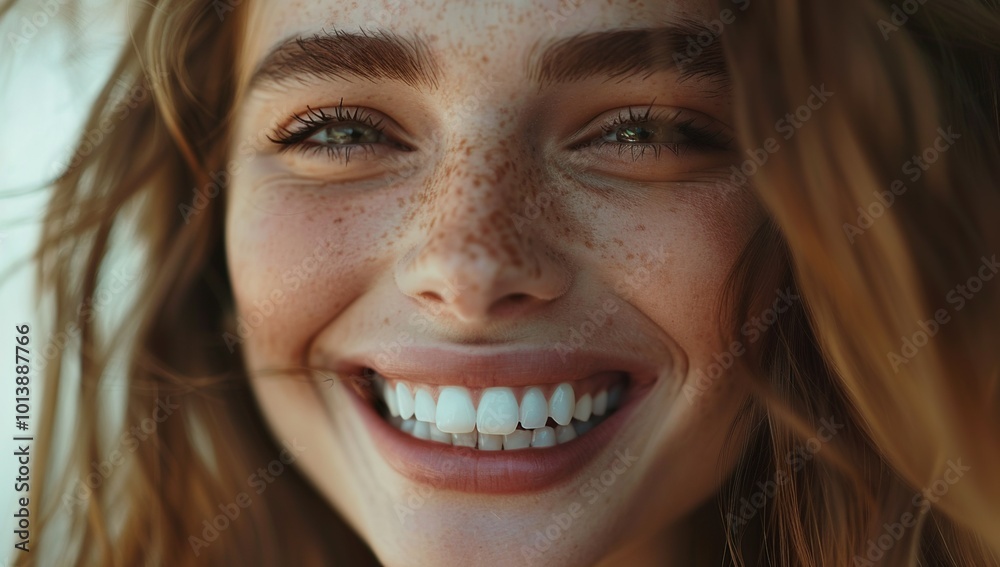 Close up portrait of a beautiful smiling woman with white teeth and healthy...