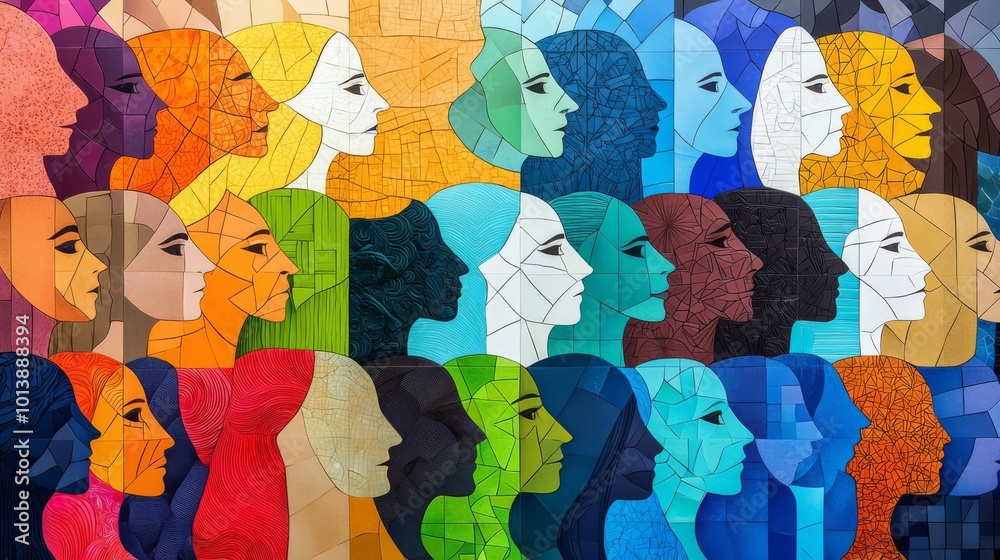 Naklejka premium Colorful abstract illustration of diverse faces in profile, symbolizing unity and diversity.