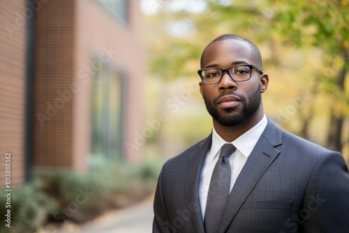 A well-dressed man poses outdoors near a contemporary building, showcasing a confident demeanor among colorful autumn leaves